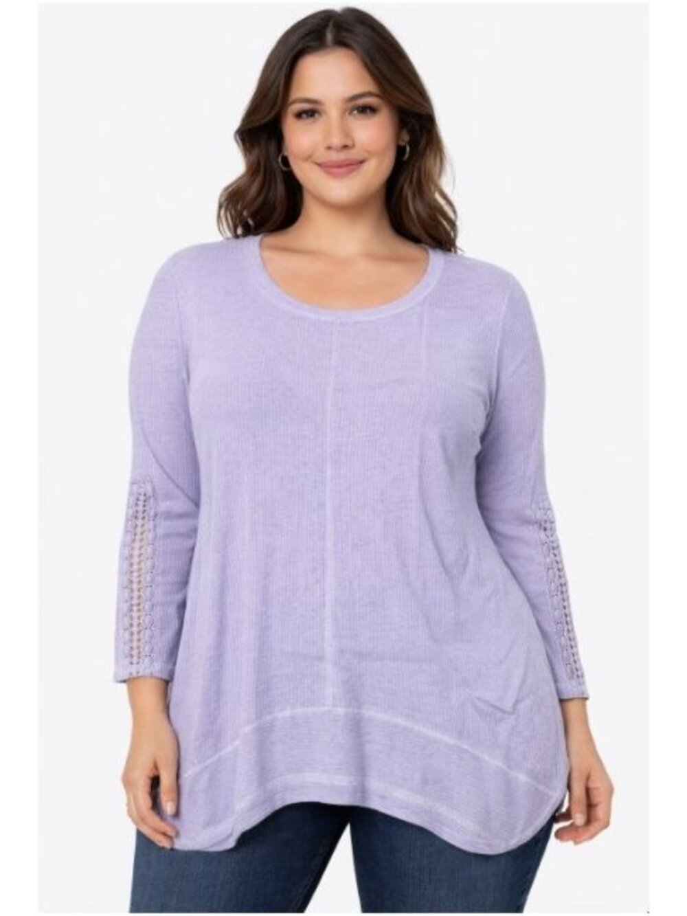 Studio 1886 Ribbed Knit 3/4 Sleeves Lavender Touch Of Lace Tunic Top Size XL